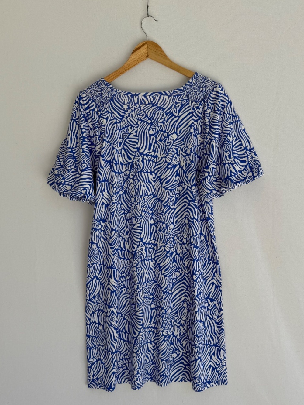 LILLY PULITZER Women’s Large Blue & White Print Bubble Short Sleeve Rosen Dress - Picture 2 of 7